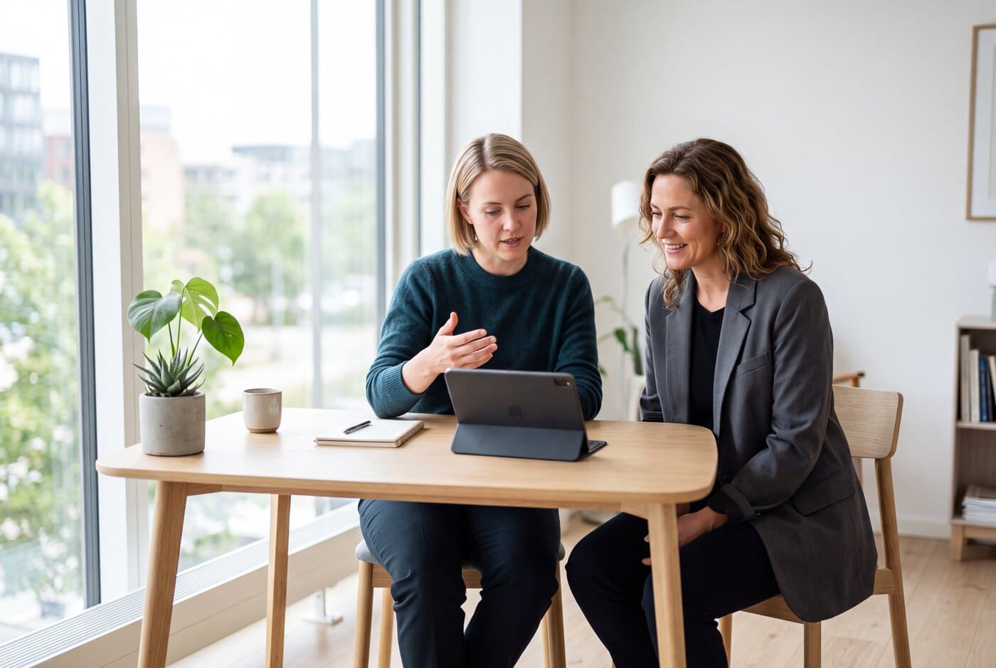 Twee collega's die samen aantekeningen van een sessie doornemen