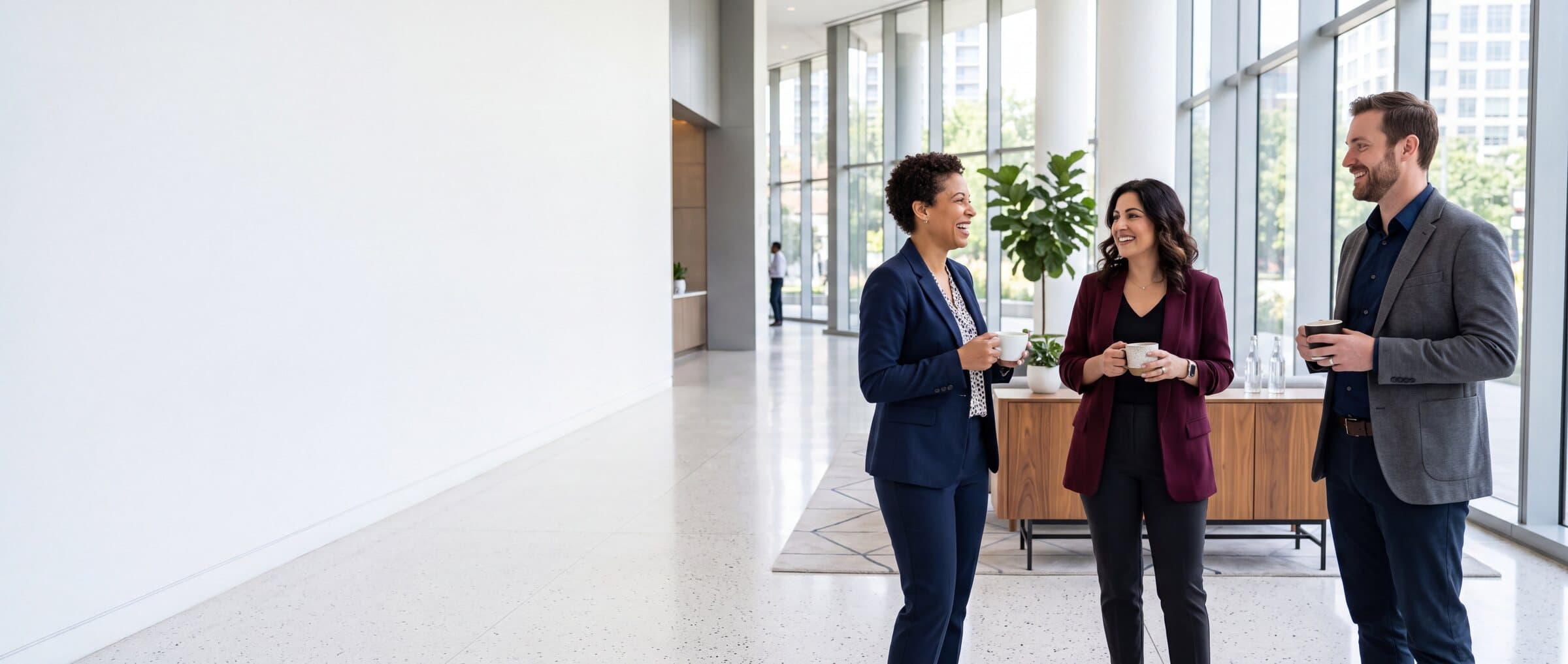 Drie professionals in gesprek tijdens een pauze op een studiedag
